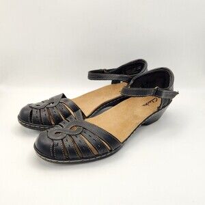 Clarks Wendy River Black Leather Ankle Strap Fisherman Sandals 8.5 Grannycore